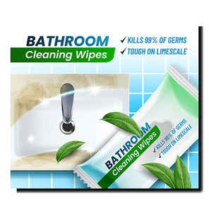 Bathroom Cleaning Wipes Promotion Poster Vector. Mint Aromatic Cleaning Wipes Blank Package For Clean Bath Room Sink And Tile Advertising Banner. Style Concept Template Illustration
