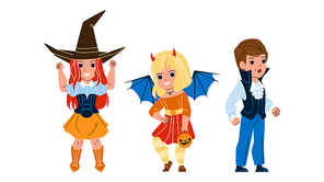Children Wearing Halloween Festival Costume Vector. Boy In Dracula Suit, Girl Wear Witch And Demon Halloween Festive Suit. Characters Celebrate Holiday Togetherness Flat Cartoon Illustration