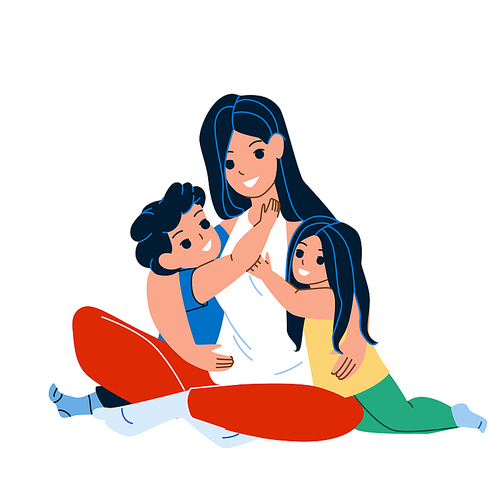 Mother Hugging Kids Boy And Girl aT Home Vector. Young Woman Hugging Kids, Children Son And Daughter Sitting On Floor And Playing Together. Characters Recreation Time Flat Cartoon Illustration
