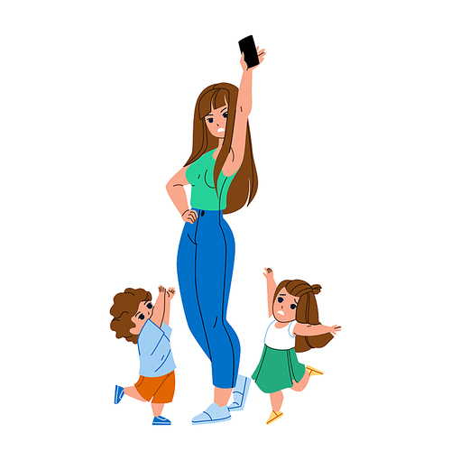 Children Gadget Addiction Modern Problem Vector. Kids Boy And Girl Crying And Wanting Smartphone, Mother Struggling With Gadget Addiction. Characters Electronic Device Flat Cartoon Illustration