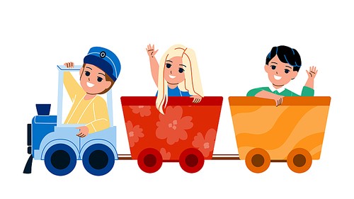 Kid Train Riding Children In Amusement Park Vector. Boy And Girl Ride In Kid Train Together, Funny Attraction. Characters Enjoying And Playing On Locomotive Flat Cartoon Illustration
