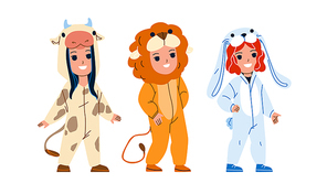 Kids Wearing Funny Animal Pajamas Together Vector. Children Boy And Girl In Cow, Lion And Bunny Cute Animal Pajamas Clothes. Characters In Stylish Clothing On Festival Flat Cartoon Illustration