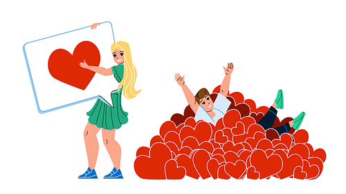 Girl And Boy Like Addiction In Social Media Vector. Young Man With Like Addiction Enjoying In Pile Of Hearts And Woman Resting Of Love Message Answer Or Review. Characters Flat Cartoon Illustration