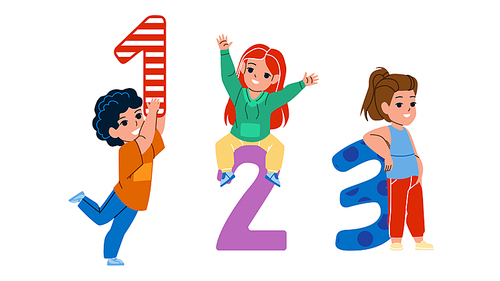 Kids Math Educational Lesson In School Vector. Children Boy And Girl Learning Math Education And Calculating Numbers. Characters Mathematics Studying Togetherness Flat Cartoon Illustration