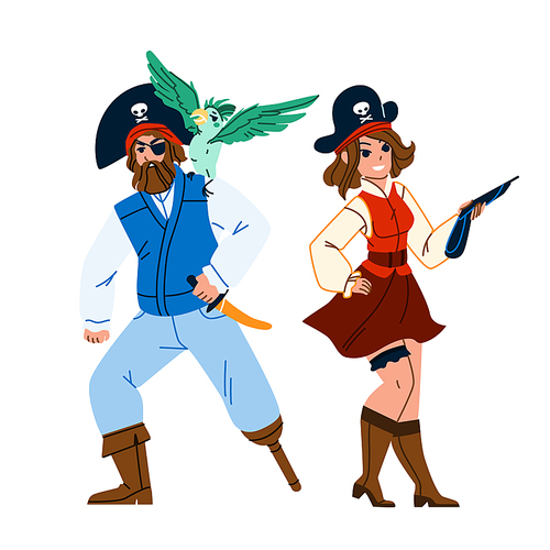 Man And Woman Pirate Standing Together Vector. Bearded Guy With Parrot Bird On Shoulder And Woman With Weapon Gun Wearing Pirate Hat And Costume. Characters Flat Cartoon Illustration