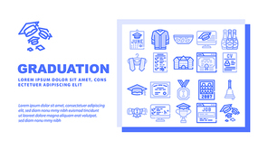 Graduation Education Landing Web Page Header Banner Template Vector. Student Graduation Cap And Mantle, Bell And Medal, Diploma And University Building Illustration