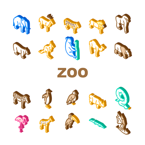 Zoo Animals, Birds And Snake Icons Set Vector. Tiger And Elephant, Bear And Panda, Zebra And Kangaroo, Toucan And Eagle, Crocodile And Giraffe Zoo Animals Isometric Sign Color Illustrations