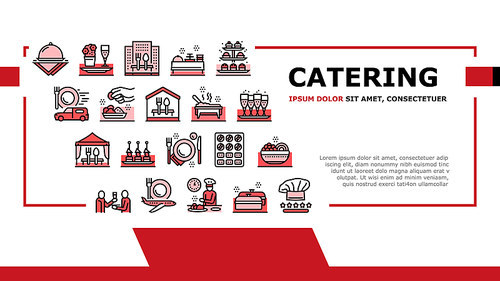 Catering Food Service Landing Web Page Header Banner Template Vector. Catering In Hotel And Restaurant, Nutrition Cooking And Delivery, Drinks, Dishes And Dessert Illustration