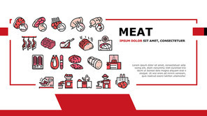 Meat Factory Product Landing Web Page Header Banner Template Vector. Beef And Pork, Chicken And Rabbit Meat, Smoked And Dried Sausage And Ham Manufacturing Illustration