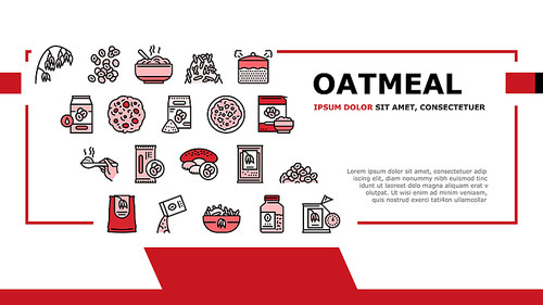 Oatmeal Nutrition Landing Web Page Header Banner Template Vector. Oat And Flour Bag, Cookies And Milk, Bar And Oatmeal Porridge, Boiling And Cooked Breakfast Illustration