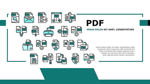 Pdf Electronic File Landing Web Page Header Banner Template Vector. Pdf Document Format Cut And Archiving, Locked And Editing, Download And Save Illustration