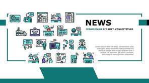 News Broadcasting Landing Web Page Header Banner Template Vector. Reporter Interview And Television, Financial And Sport News, Radio And Newspaper Illustration