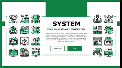 System Work Process Landing Web Page Header Banner Template Vector. Integration And Administrator, Engineering And Security, Network And Technology System Illustration