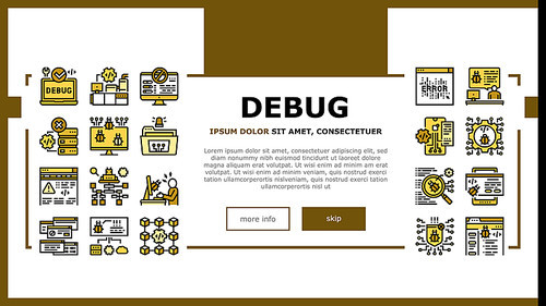 Debug Research And Fix Landing Web Page Header Banner Template Vector. Debugging Servers And Data Store, Development And Testing Application On Debug Illustration