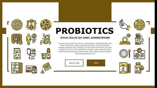 Probiotics Bacterium Landing Web Page Header Banner Template Vector. Dry And Liquid Probiotics, Sorption And Capsule, Lactobacillus, Bifidobacterium And Lactococcus Illustration