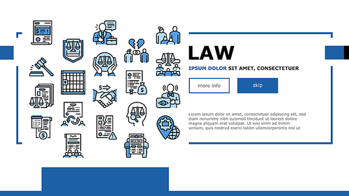 Law Justice Dictionary Landing Header Vector. Family And Social Norms, Leasing And Breach Of Contract, Penalty And Divorce Law Illustration
