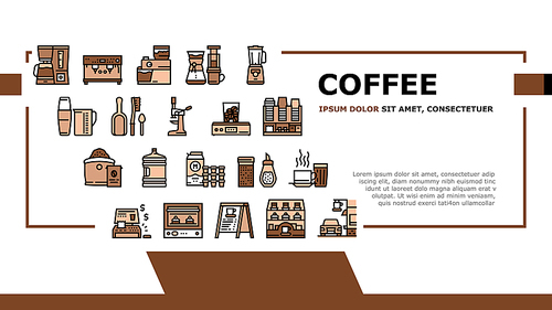 Coffee Shop Equipment Landing Header Vector. Coffee Cafe Device For Prepare Delicious Energy Drink And Pastry Dessert, Milk And Cream Illustration