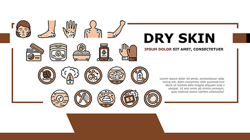 Dry Skin Treatment Landing Header Vector. Elbow, Face And Hand Dry Skin Treat Cream And Lotion, Bacterial Soap And Oatmeal Bath Illustration