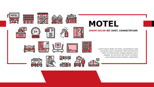Motel Comfort Service Landing Header Vector. Motel Building And Houses, Hotel Room With Bed And Wardrobe, Wifi Internet And Tv Illustration