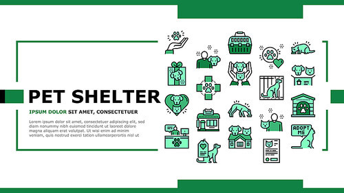 Animal Pet Shelter Landing Web Page Header Banner Template Vector. Pet Shelter Building And Worker, Eating Cat And Dog, Puppy Present And Medical Document Illustration