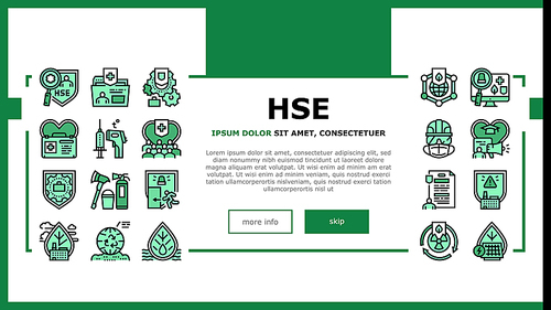 Health Safety Environment Hse Landing Web Page Header Banner Template Vector. Communication And Learning, Energy Saving And Waste Management, First Aid And Work Safety Illustration