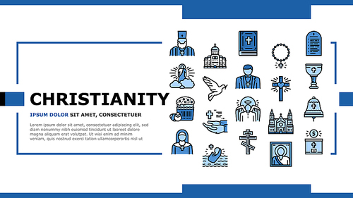 Christianity Religion Church Landing Web Page Header Banner Template Vector. Christianity Cross And Crucifixion, Cathedral And Monastery Building, Bible And Priest, God And Angel Illustration