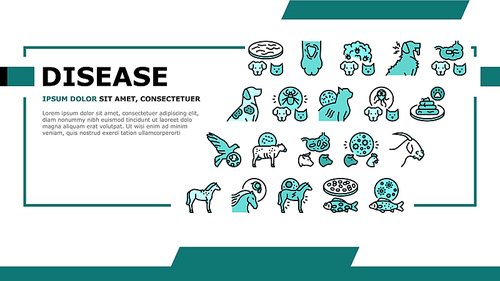 Pet Disease Ill Health Problem Landing Web Page Header Banner Template Vector. Salmonellosis And Tapeworm, Psittacosis And Sarcoptic Mange, Leptospirosis And Streptococcues Pet Disease Illustration