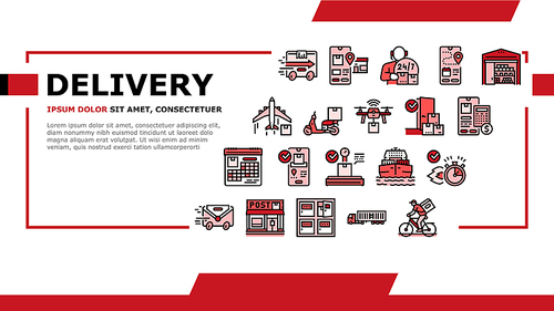 Delivery Service Application Landing Web Page Header Banner Template Vector. Delivery Truck And Cargo Airplane, Bike And Scooter, Boat Delivering, Smartphone App For Tracking And Location Illustration