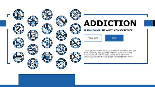 Addiction Substance Dependence Landing Web Page Header Banner Template Vector. Stimulant Drugs And Painkillers Pills, Gambling Game And Alcohol, Tobacco Cigarettes And Marijuana Addiction Illustration