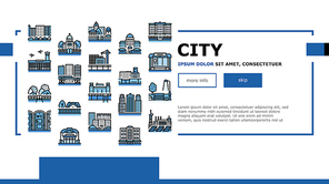 City Construction And Landscape Landing Web Page Header Banner Template Vector. Metro Station And Bus Stop, Factory Industry Building Airport, Church Cathedral, City Park Business Center Illustration
