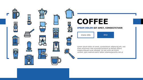 Coffee Make Machine And Accessory Landing Web Page Header Banner Template Vector. Coffee Maker Electronic Device And Aeropress Tool, Syphon And Percolator For Prepare Energy Drink Illustration