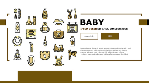 Baby Accessories And Equipment Landing Web Page Header Banner Template Vector. Baby Lotion And Powder Cosmetics, Nail Clippers And Thermometer, First Kit And Weight Scale, Cotton Swabs Illustration