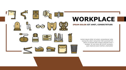 Workplace Accessories And Tools Landing Web Page Header Banner Template Vector. Workplace Desk Organizer And Monitor Arm, Stapler And Tape Dispenser Stationery, Table Phone Holder Illustration
