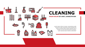 Cleaning And Washing Accessories Landing Web Page Header Banner Template Vector. Vacuum Cleaner Clothes Cleaning Electronic Equipment, Scoop And Broom, Napkin And Towel For Clean Window Illustration