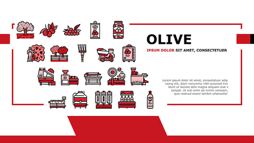 Olive Production And Harvesting Landing Web Page Header Banner Template Vector. Olive Tree Cultivation And Berries Manual Harvest, Factory Shaker Table And Repository Industry Machine Illustration