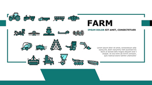 Farm Equipment And Transport Landing Web Page Header Banner Template Vector. Baler Manure Spreader, Hydroponic And Transplanter Machinery Farm Equipment Line. Tractor Truck Farmland Car Illustration