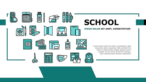 School Supplies Stationery Tools Landing Web Page Header Banner Template Vector. Pencil And Market Package, Ruler And Scissors, Calculator Electronic Device And Backpack School Supplies Illustration