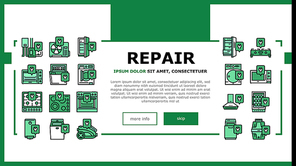 Appliances Repair Maintenance Landing Web Page Header Banner Template Vector. Broken Refrigerator And Freezer, Air Conditioner And Wine Cooler Domestic Appliances Repair. Fixing Equipment Illustration