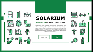 Solarium Salon Tanning Service Landing Web Page Header Banner Template Vector. Disposable Protective Cap And Glasses, Horizontal And Vertical Solarium Cabin, Suntan And Sun Protect . Illustration