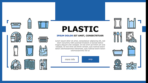 Plastic Accessories And Utensil Landing Web Page Header Banner Template Vector. Plastic Food Container And Tableware, Shampoo Bottle And Canister, Used Polyethylene Bag And Pouch Illustration