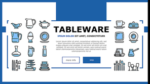 Tableware For Banquet Or Dinner Landing Web Page Header Banner Template Vector. Plate For Meal And Cup For Drink, Spoon And Fork, Glass Carafe And Decanter For Water Tableware Illustration