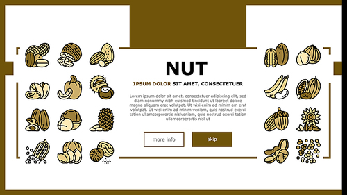 Nut Delicious Natural Nutrition Landing Web Page Header Banner Template Vector. Peanut And Almond Nut, Walnut And Hazelnut, Sesame And Cashew Tasty Vitamin Food Line. Pistachio Illustration