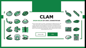 Clam Marine Sea Farm Nutrition Landing Web Page Header Banner Template Vector. Ocean Quahog And Surf Clam, Pearl Oyster Shell Mussel Donax And Pacific Geoduck . Seafood Delicious Nutrient Illustration