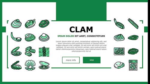 Clam Marine Sea Farm Nutrition Landing Web Page Header Banner Template Vector. Ocean Quahog And Surf Clam, Pearl Oyster Shell Mussel Donax And Pacific Geoduck . Seafood Delicious Nutrient Illustration