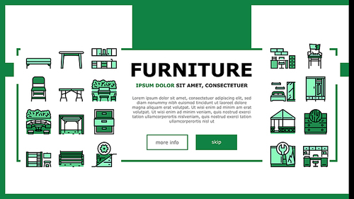 Furniture For Home And Backyard Landing Web Page Header Banner Template Vector. Dinning And Folding Table, Kitchen And Bedroom Furniture, Wardrobe Cabinet, Repair Old Broken Chair Bench. Illustration
