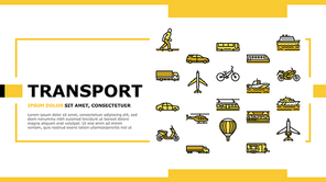 Transport For Riding And Flying Landing Web Page Header Banner Template Vector. Train And Car, Bus And Motorcycle, Air Balloon And Aircraft Transport Line. Cargo Truck And Helicopter Illustration