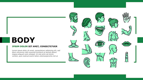 Body And Facial People Parts Landing Web Page Header Banner Template Vector. Female And Male, Kid And Adult Face, Wrist And Arm Muscle, Breast Leg Human Body. Lip And Nose, Eyebrow Eye Illustration