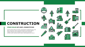 Construction Building And Repair Landing Web Page Header Banner Template Vector. Ladder And Elevator Equipment, Brick Cement For Build Construction. Engineer Project Blueprint And Tool Illustration