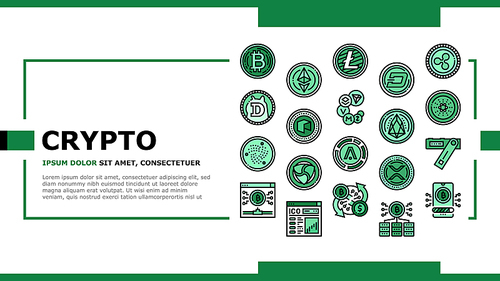 Cryptocurrency Digital Money Landing Web Page Header Banner Template Vector. Bitcoin And Litecoin, Dogecoin And Xrp, Aion Iota Cryptocurrency. Mining Eos And Ethereum Electronic Devices Illustration