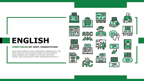 English Language Learn At School Landing Web Page Header Banner Template Vector. British American English Student Learning In College, University Online Course. Dictionary Alphabet Abc Illustration